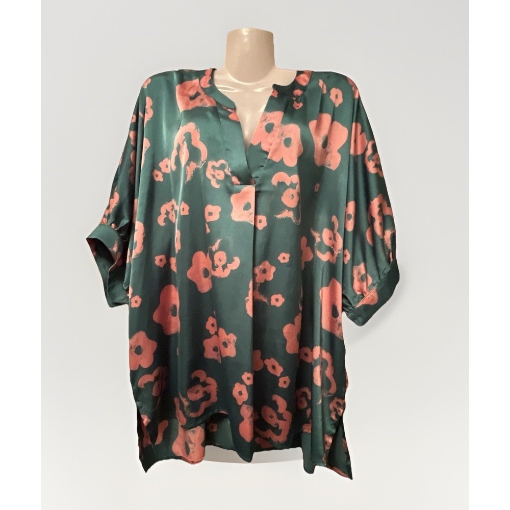 Jodifl brand Teal Pink Satin Floral Blouse Side Slit V-Neck Short Sleeve Small